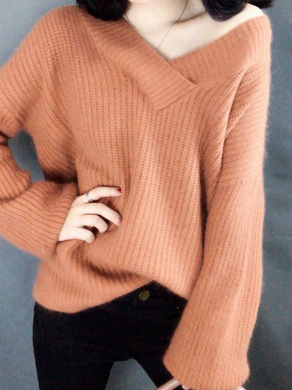 Loose Long Sleeves Solid Color V-Neck Sweater Tops