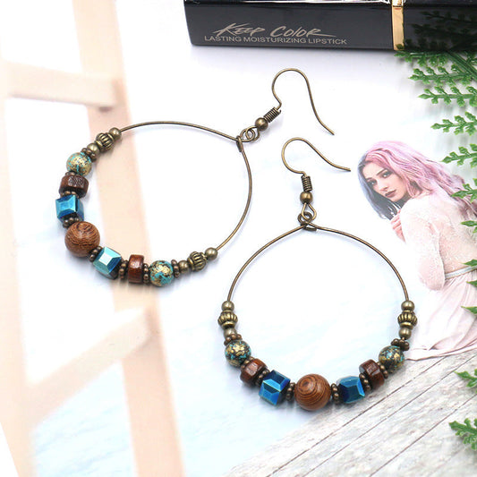 Geometric Metal Hoop Earrings with Wood Beads and Turquoise Accents