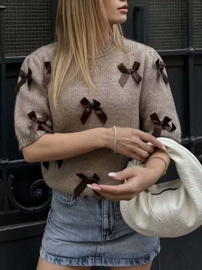 Elegant Crew Neck Bow Decor Sweater Top