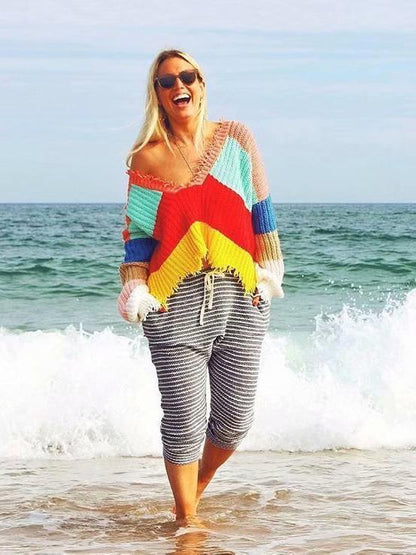 Fashion V-Neck Backless Knitting Striped Rainbow Colored Sweater Tops