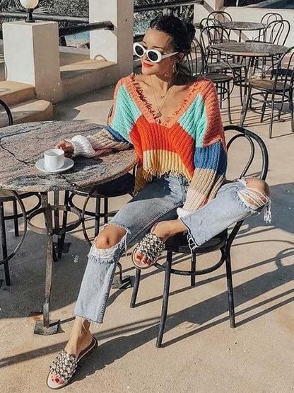 Fashion V-Neck Backless Knitting Striped Rainbow Colored Sweater Tops