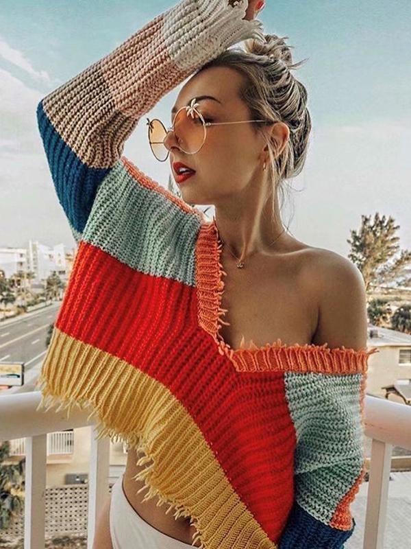 Fashion V-Neck Backless Knitting Striped Rainbow Colored Sweater Tops