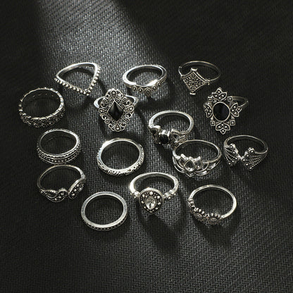 Vintage Geometric Ring Set With Black Stone