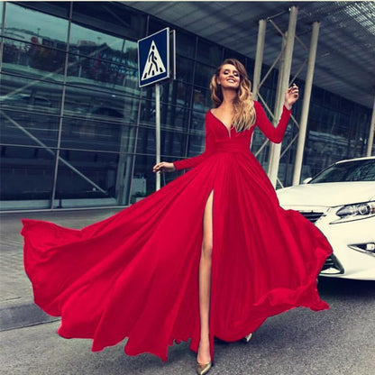 V Neck Long Sleeve Split Party Evening Maxi Dress