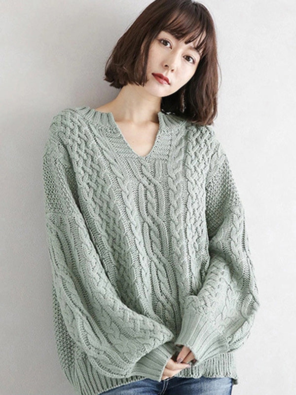 Stylish Loose Jacquard Solid Color V-Neck Sweater
