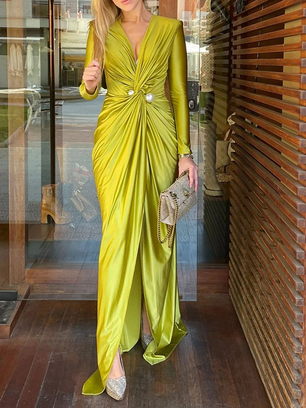 Bodycon Long Sleeves Pleated Solid Color Split-Front Tied Waist Deep V-Neck Maxi Dresses