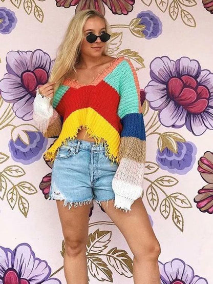 Fashion V-Neck Backless Knitting Striped Rainbow Colored Sweater Tops