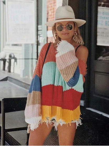 Fashion V-Neck Backless Knitting Striped Rainbow Colored Sweater Tops