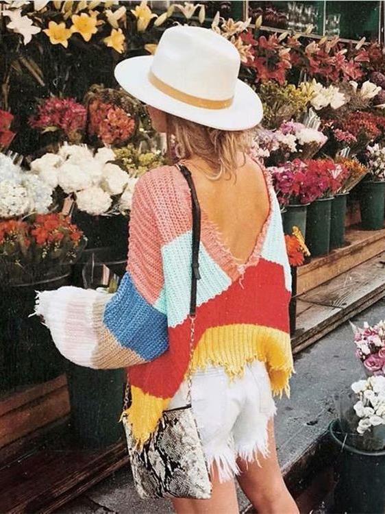 Fashion V-Neck Backless Knitting Striped Rainbow Colored Sweater Tops