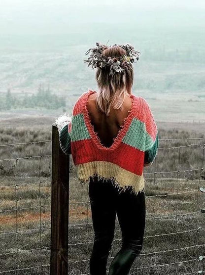 Fashion V-Neck Backless Knitting Striped Rainbow Colored Sweater Tops