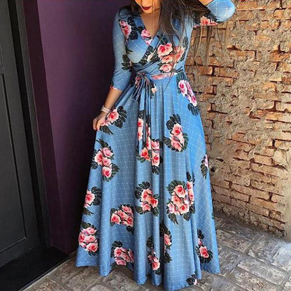 Long Sleeve Floral V Neck Slim Waist Maxi Dress With Belt