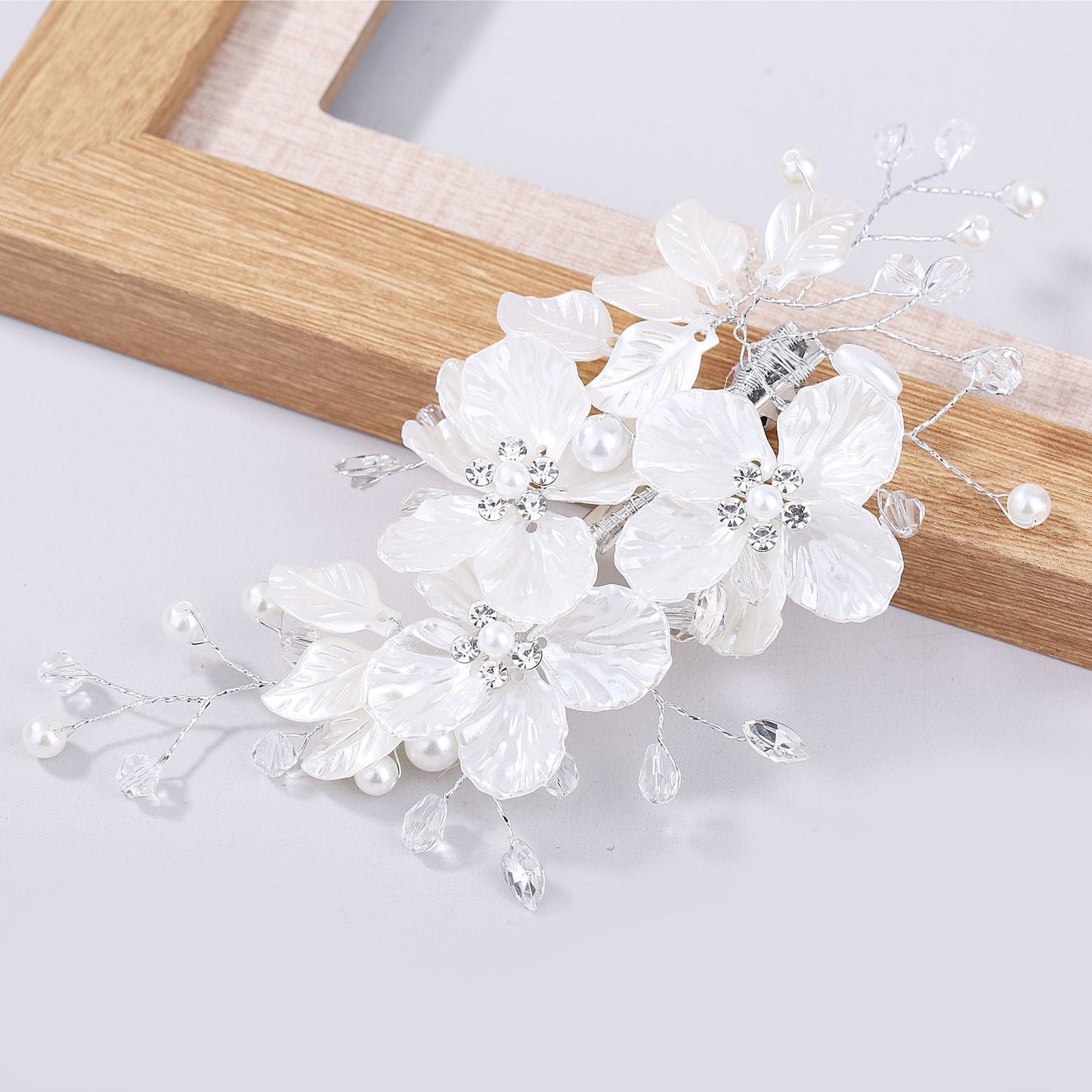 Bridal Pearl and Crystal Hair Clip with Shell Petals