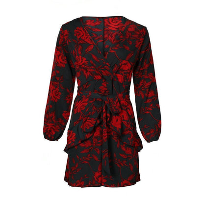 Sexy V-Neck Print Straps Lantern Sleeve Dress