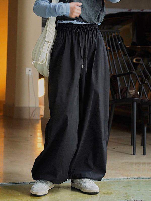 Loose Wide Leg Drawstring Elasticity Pleated Solid Color Split-Joint Casual Pants Bottoms
