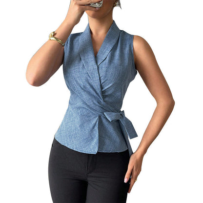 Solid Color Tie Waist Slim Vest
