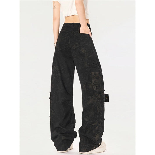 Distressed Cargo Wide-Leg Pants Unisex Loose Fit Casual Trousers