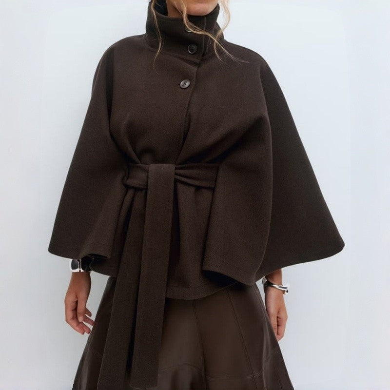 Stand Collar Button Belt Trench Coat Polyester