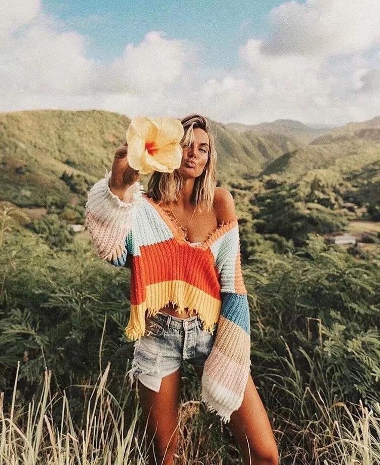 Fashion V-Neck Backless Knitting Striped Rainbow Colored Sweater Tops