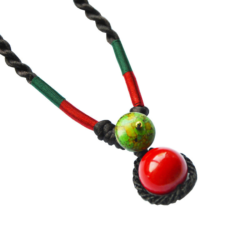 Original National Style Hand-Woven  Buckle Red Ball Women'S Necklace Retro Cotton Hemp Accessory Red Bean Collarbone Chain