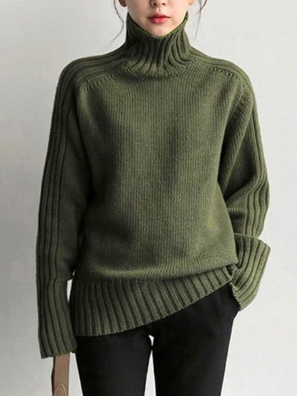 Loose Long Sleeves Solid Color High-Neck Sweater Tops