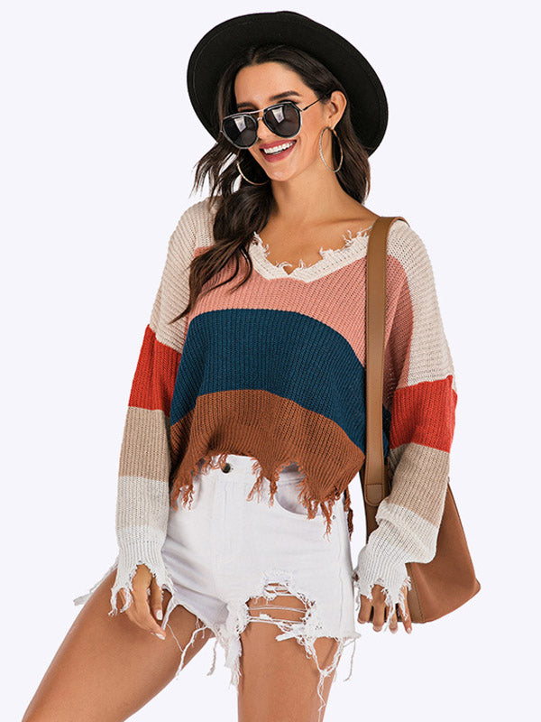 Urban Loose Fringed Contrast Color V-Neck Sweater