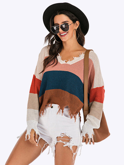 Urban Loose Fringed Contrast Color V-Neck Sweater
