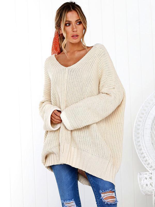Solid Color V-Neck Loose Sweater Tops