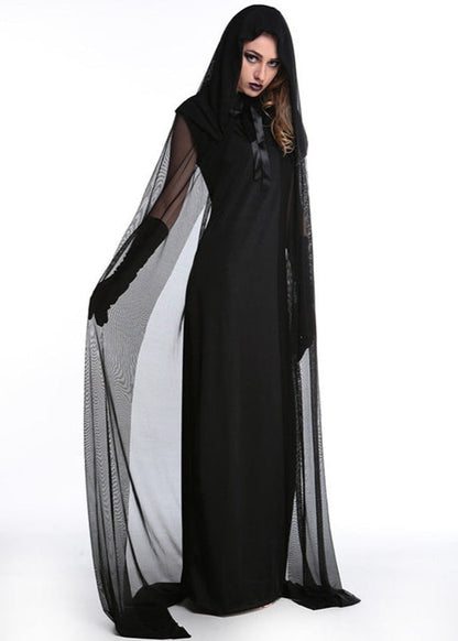 Long Black Dress With Sheer Hooded Cape
