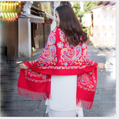 Tibetan And Nepal Embroidered Flower Imitation Cashmere Scarf For Women Outside With Sunscreen Air-Conditioning Shawl