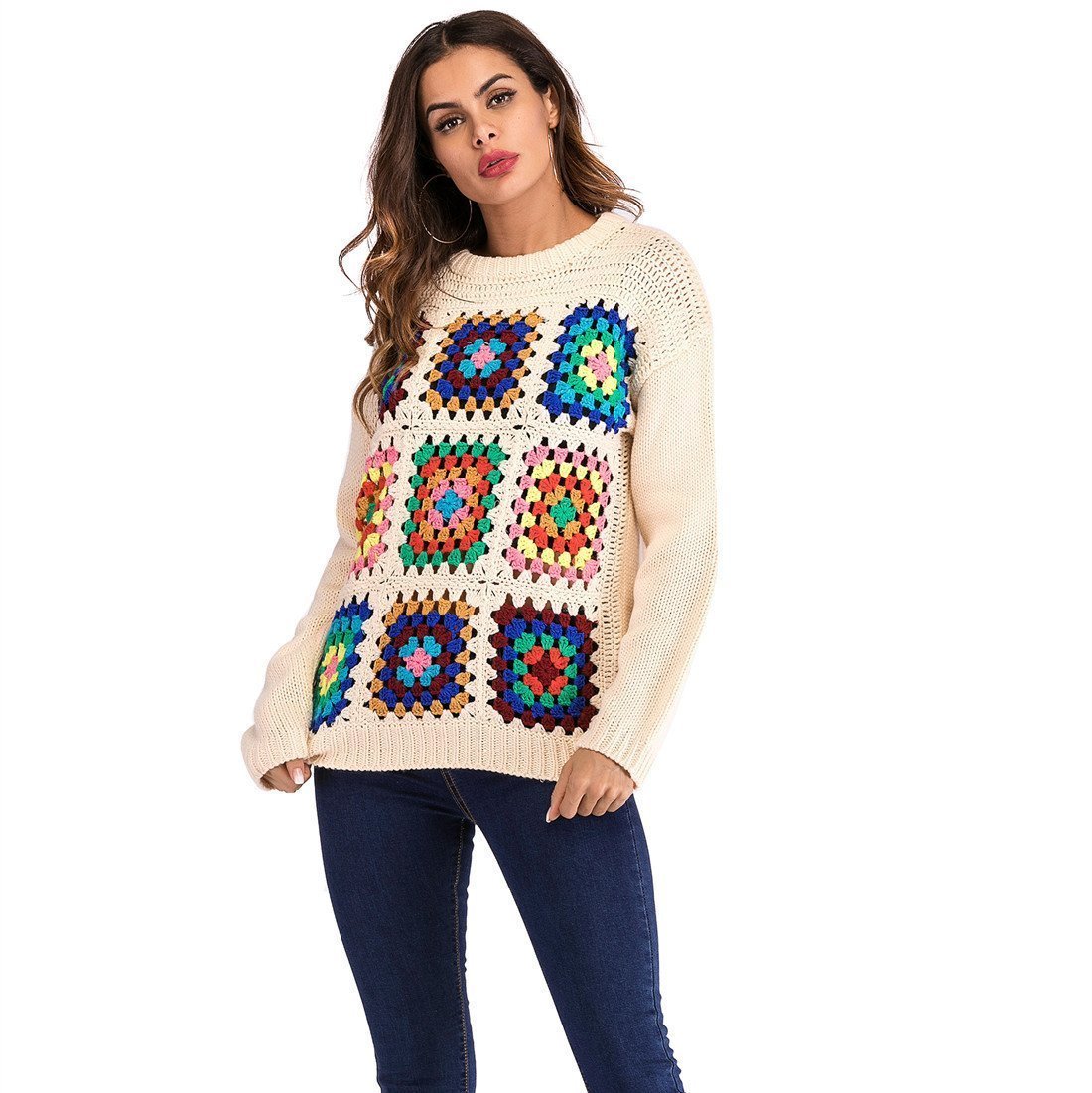 Boho Handmade Square Pattern Knit Stiching Sweater
