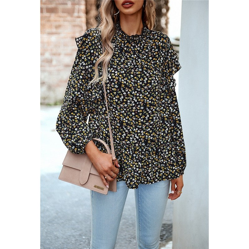 Lace Collar Floral Wood Ear Trim Shirt