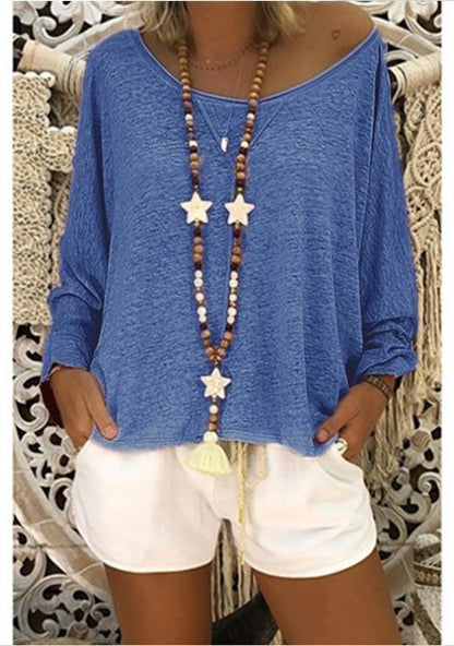 Solid Color Round Neck Long Sleeve T Shirt Blouse