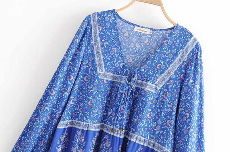 Print V Neck Long Sleeve Boho T Shirt