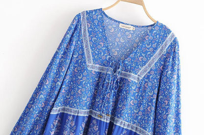 Print V Neck Long Sleeve Boho T Shirt
