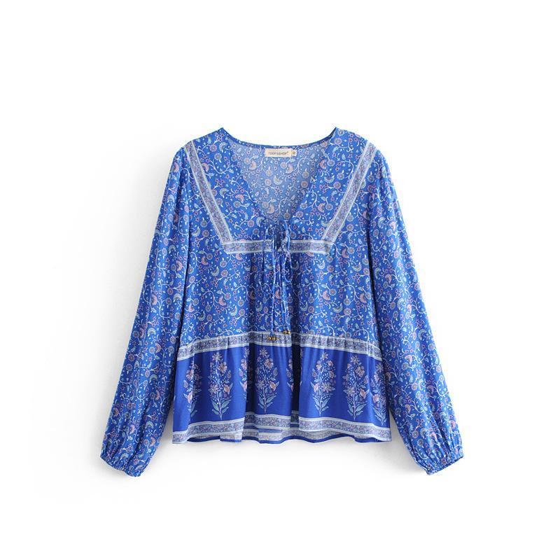 Print V Neck Long Sleeve Boho T Shirt