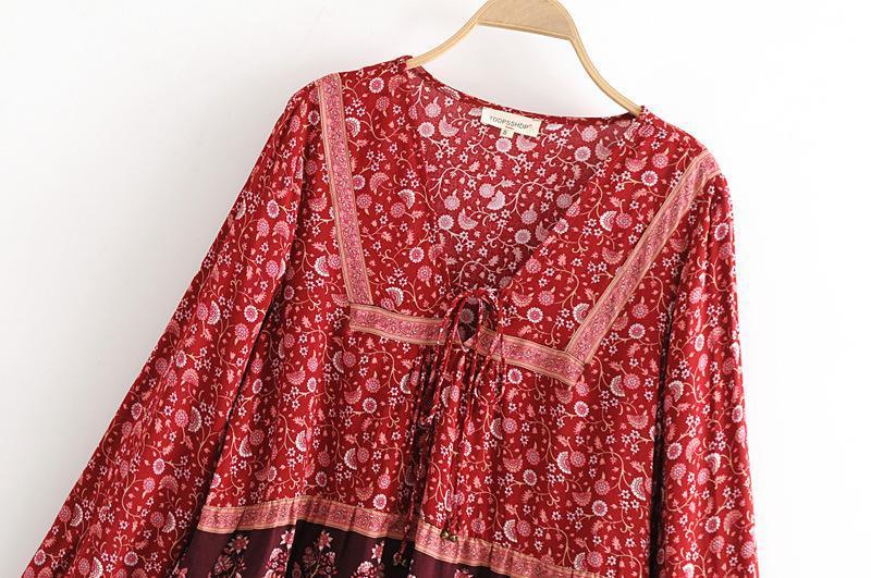 Print V Neck Long Sleeve Boho T Shirt