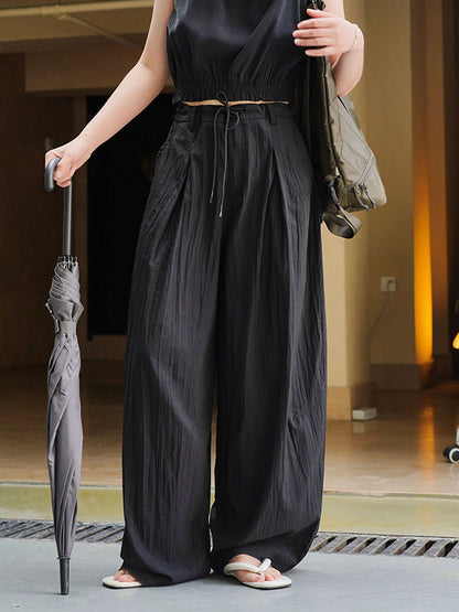 High Waisted Wide Leg Drawstring Pleated Solid Color Casual Pants Bottoms