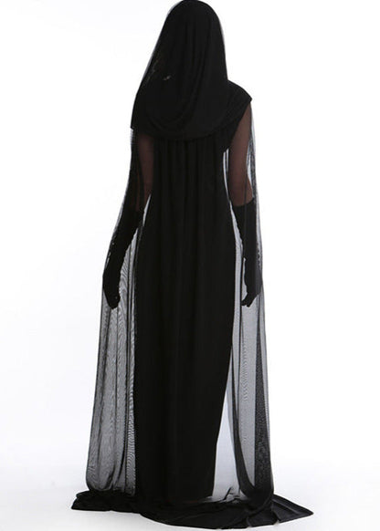 Long Black Dress With Sheer Hooded Cape