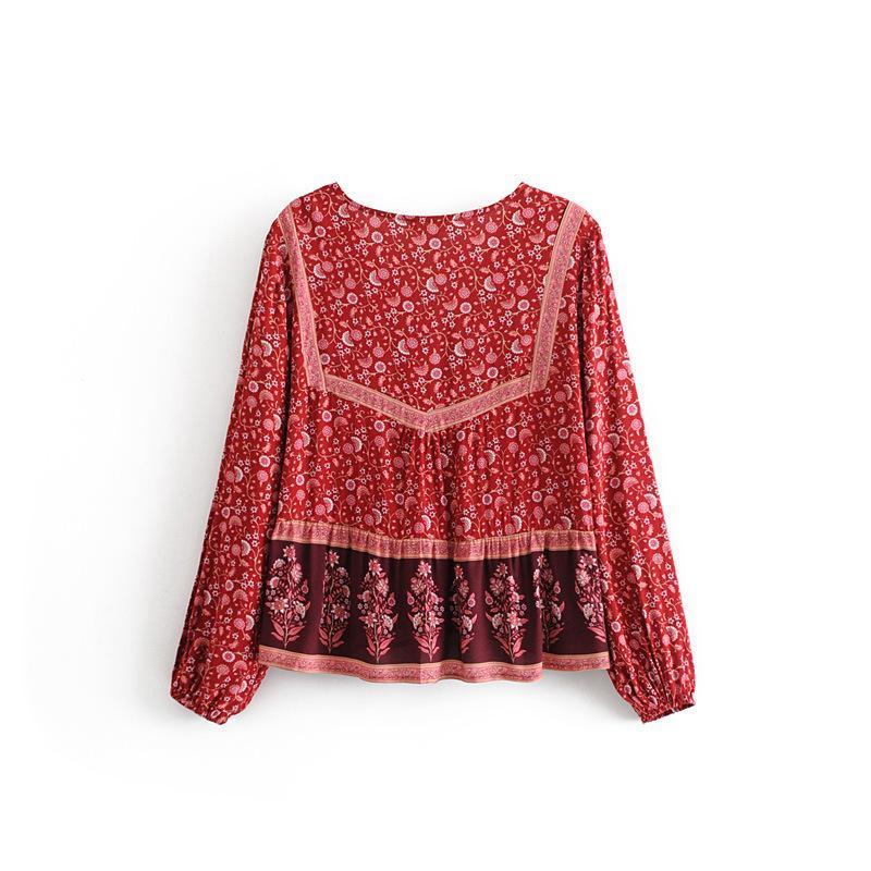 Print V Neck Long Sleeve Boho T Shirt