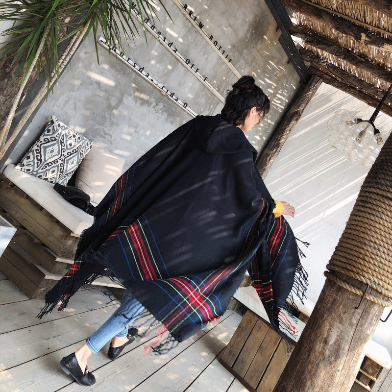 Ethnic Style Cape Shawl Women'S Cape With Hat Thickened Warm Tibetan Scarf Cape Jacket