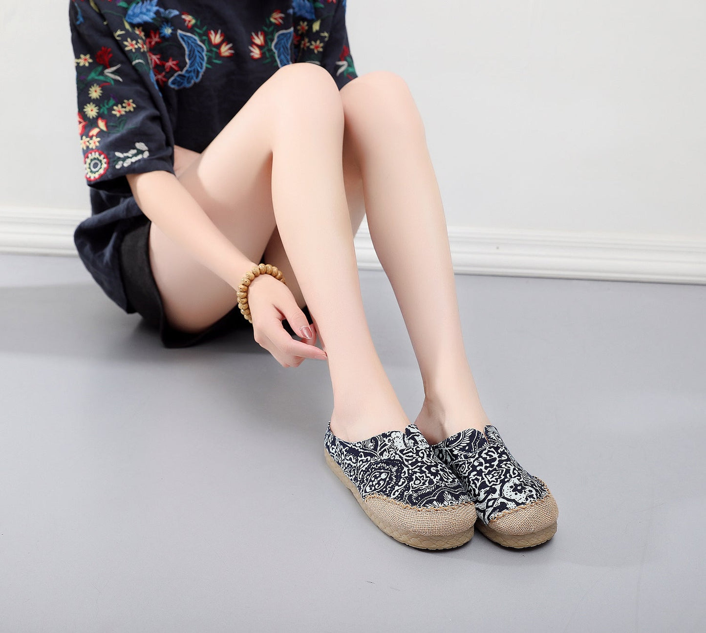Blue-And-White Slippers Couple Wrapped Hemp Ethnic Embroidered Slippers Home Slippers