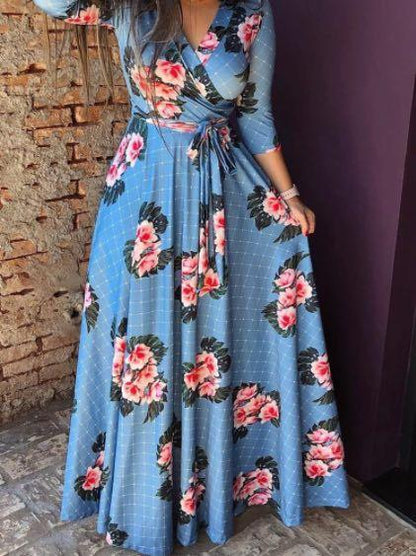 Long Sleeve Floral V Neck Slim Waist Maxi Dress With Belt