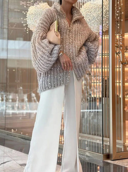 Loose Gradient Sequined Zipper High-Neck Sweater Tops