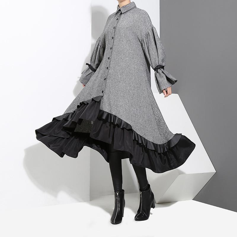 Dress Temperament Women'S Long Sleeve Ruffled Shirt Dress.