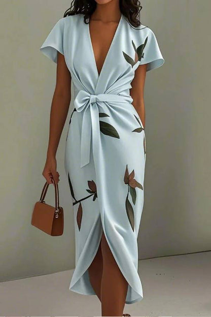 White Leaf Short Sleeve Satin Wrap Sheath Midi Dress