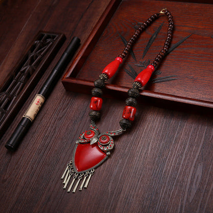Tibetan Ethnic Wind Wooden Beads Necklace Sweater Chain Dance Pendant