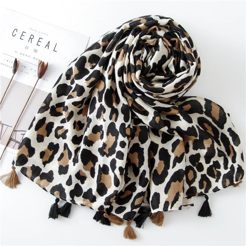 Classic Leopard Print Spring, Autumn, And Winter Long Versatile Cotton And Linen Scarf Dual Purpose Shawl
