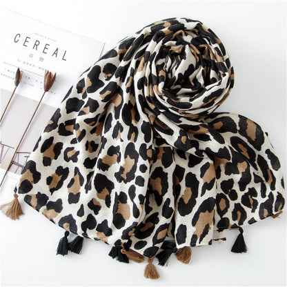 Classic Leopard Print Spring, Autumn, And Winter Long Versatile Cotton And Linen Scarf Dual Purpose Shawl
