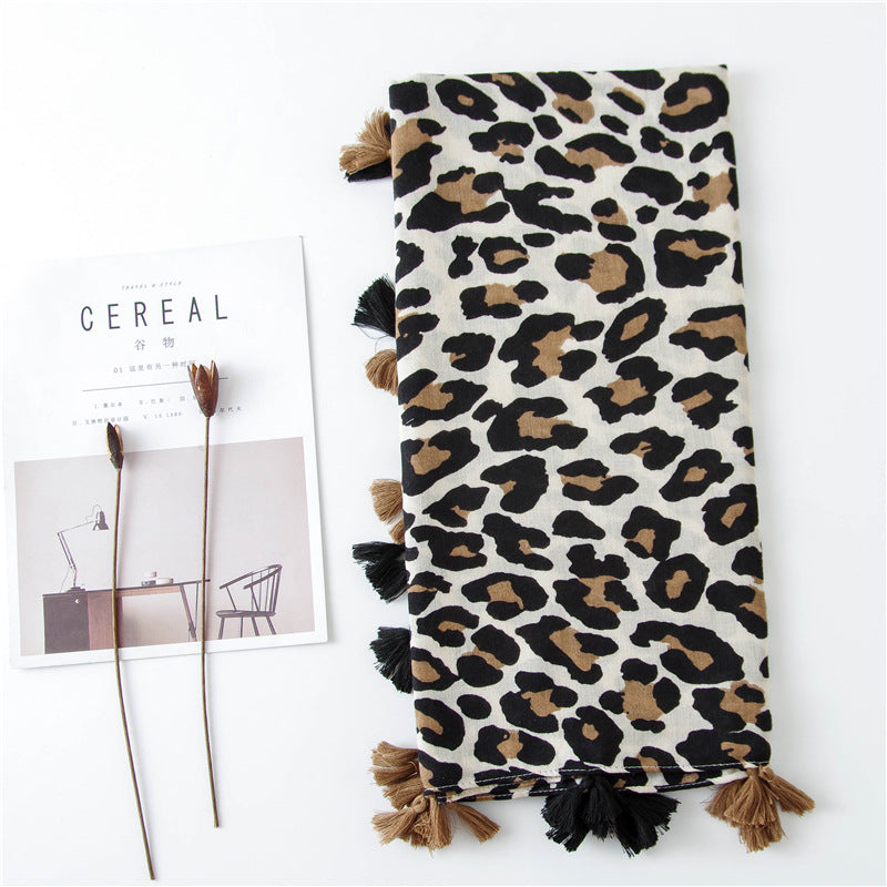 Classic Leopard Print Spring, Autumn, And Winter Long Versatile Cotton And Linen Scarf Dual Purpose Shawl