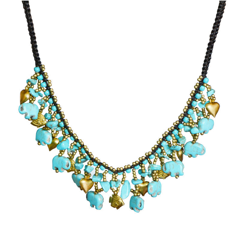 Boho Style Semi-Precious Stone Necklace Thai Wax Thread Braided Clavicle Chain Women